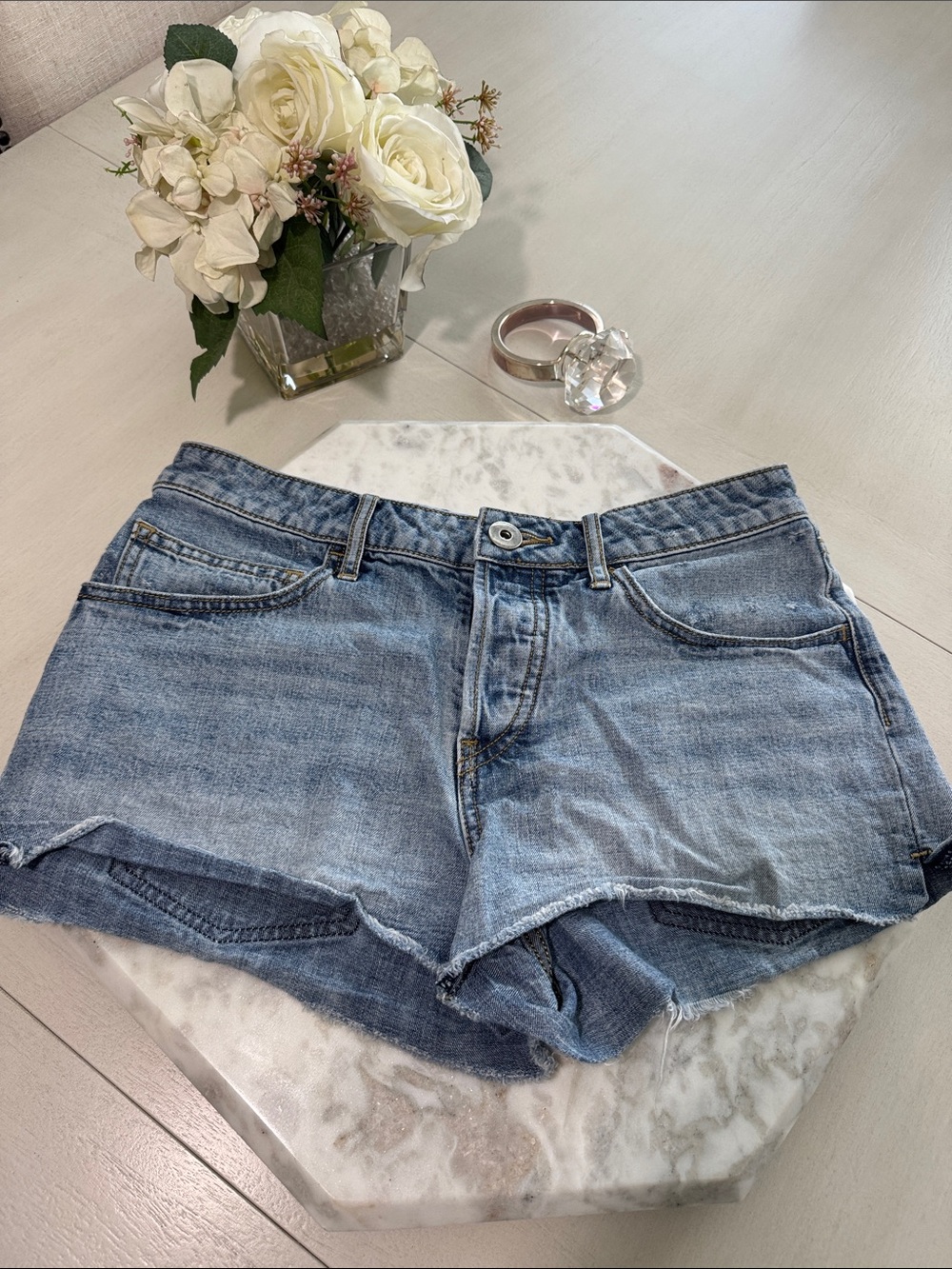 James Perse Light Blue Distressed Denim Shorts
